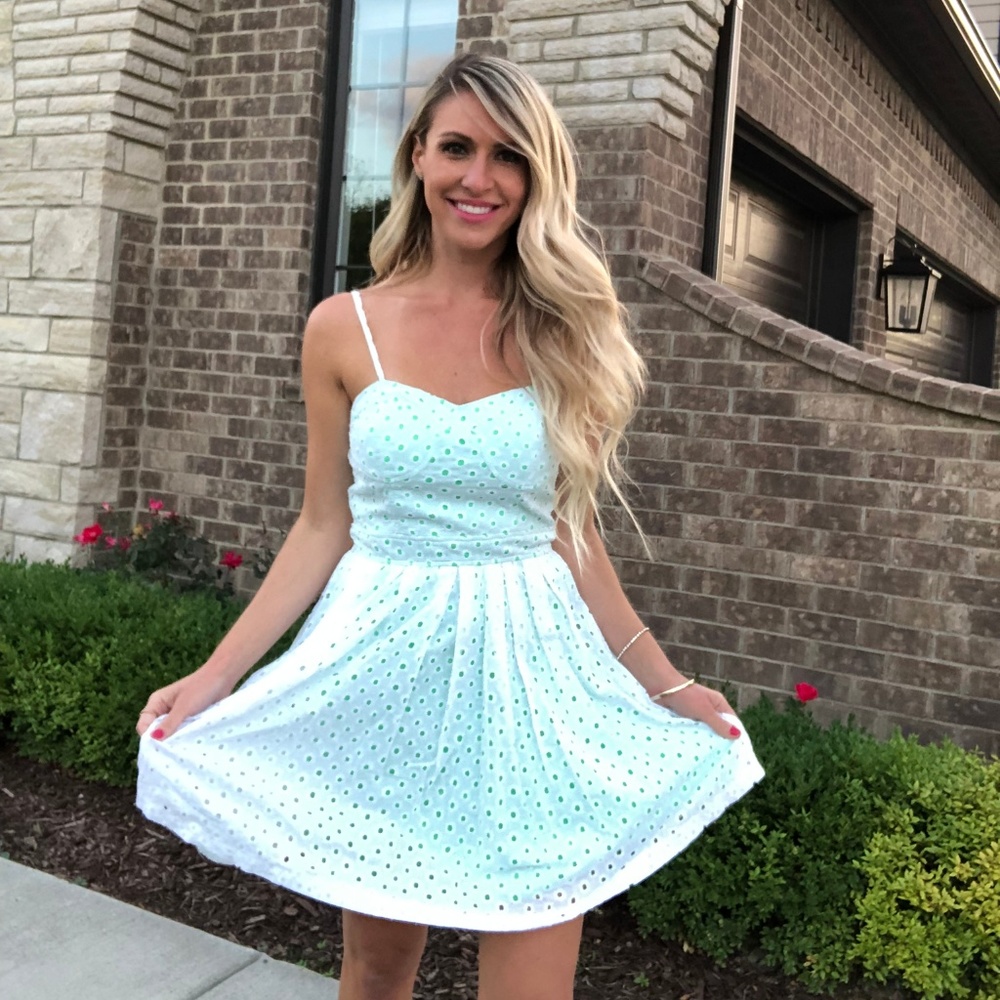 White Eyelet Dress with Green Lining